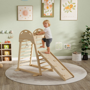 6 en 1 Triángulo de Escalada Montessori, Estructura de Escalada de Madera con Plataforma, Anillos y Tobogán, para Deslizarse o Escalar, para Niños de 18-48 Meses, Interiores, Natural