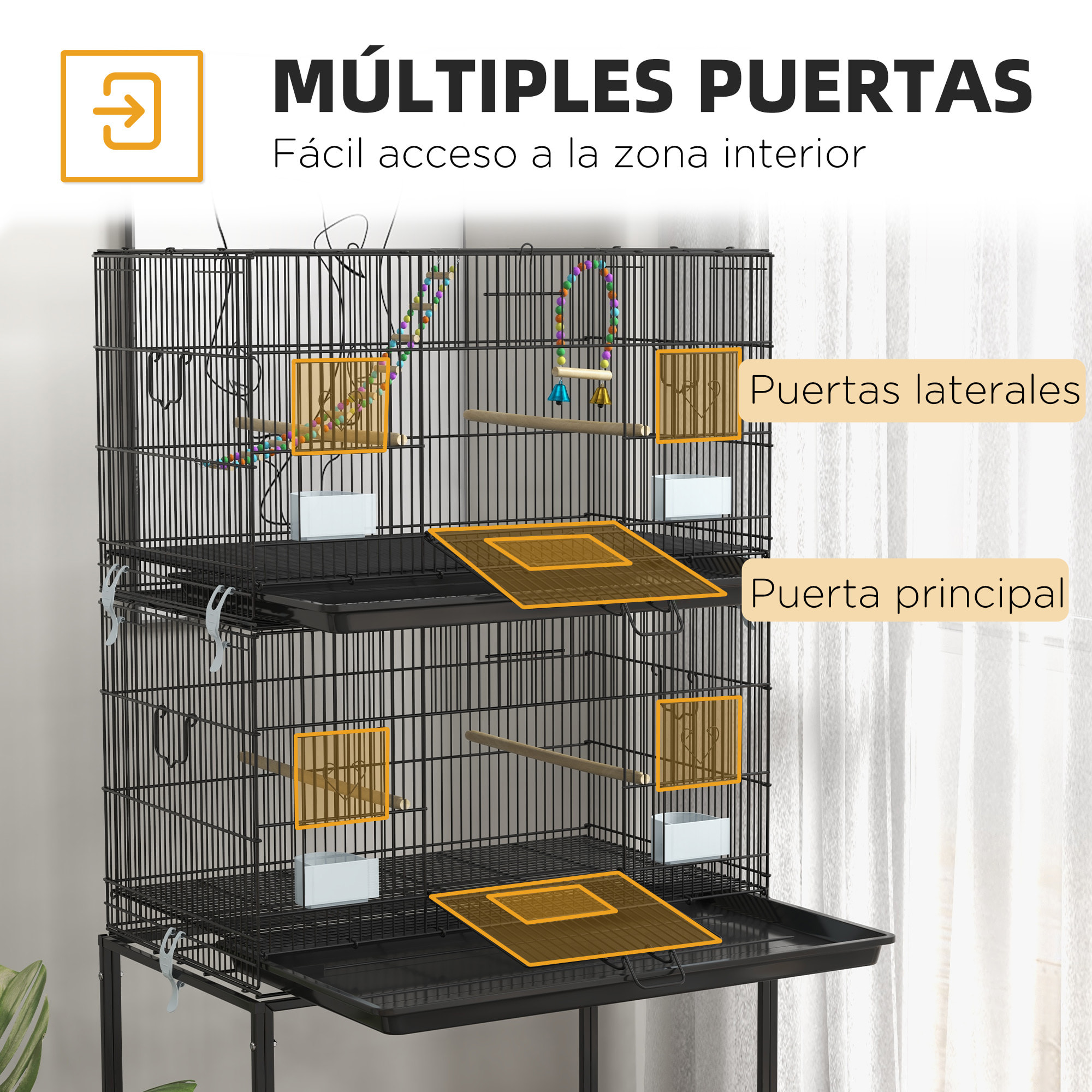 Jaula para Pájaros 77x46x164 cm Jaula Metálica para Aves con Bandeja Extraíble Perchas Comederos para Periquitos Canarios Negro