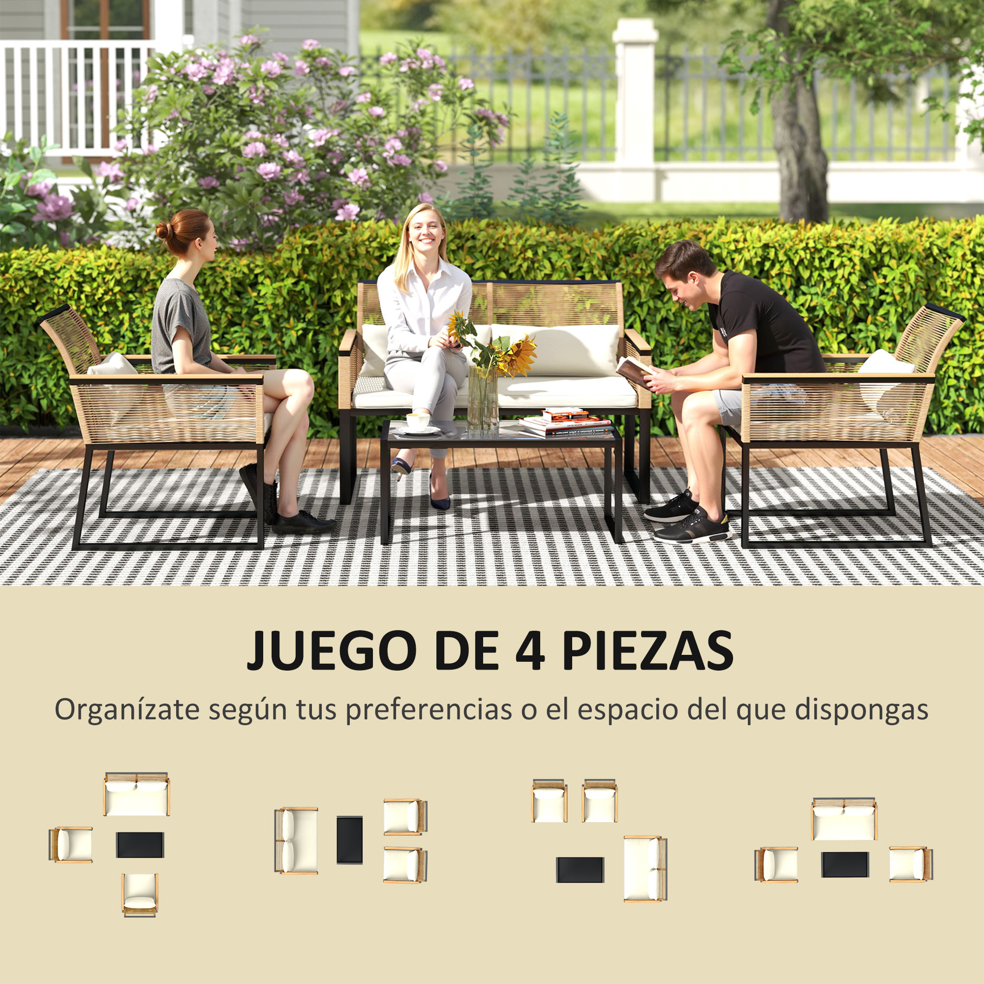 Conjunto de Jardín Exterior 4 Piezas de Ratán Sintético Muebles Jardín Exterior con 2 Sillones 1 Sofá de 2 Plazas y Mesa de Centro con Tablero de Vidrio Templado Natural y Crema