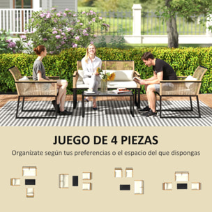 Conjunto de Jardín Exterior 4 Piezas de Ratán Sintético Muebles Jardín Exterior con 2 Sillones 1 Sofá de 2 Plazas y Mesa de Centro con Tablero de Vidrio Templado Natural y Crema
