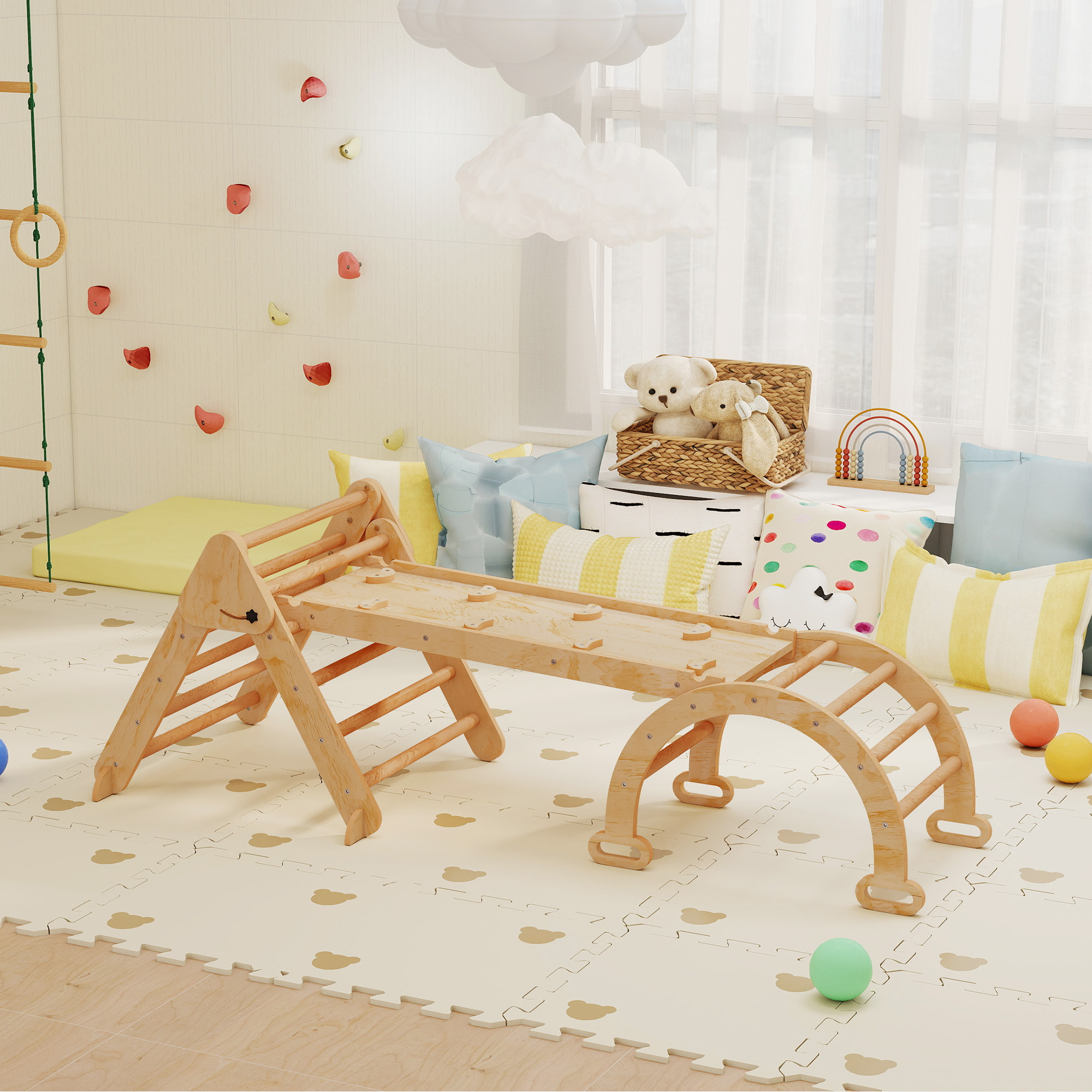 7 en 1 Triángulo de Escalada Montessori con Arco y Rampa, Escalada para Niños de Madera Plegable, para 18-48 Meses, para Deslizarse o Escalar, 188x70 cm, Natural