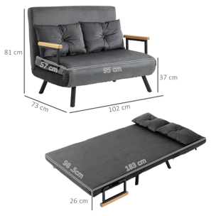 Sofá Cama de 2 Plazas Sofá Cama Plegable Tapizado en Terciopelo con Respaldo Ajustable de 5 Niveles y 2 Almohadas Acolchadas para Oficina Dormitorio Salón 102x73x81 cm Gris