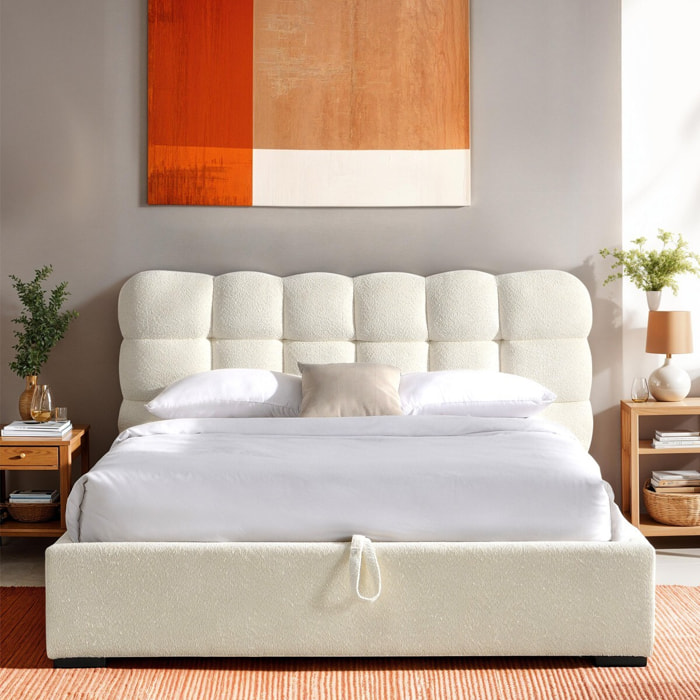 Lit coffre avec tête de lit en tissu bouclé - LOLA