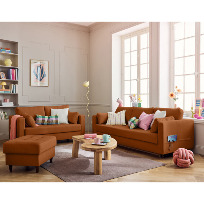 Anna - fauteuil avec poche en velours - pieds en bois - Rouille