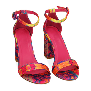 Sandali multicolor fucsia in raso, tacco 9 cm