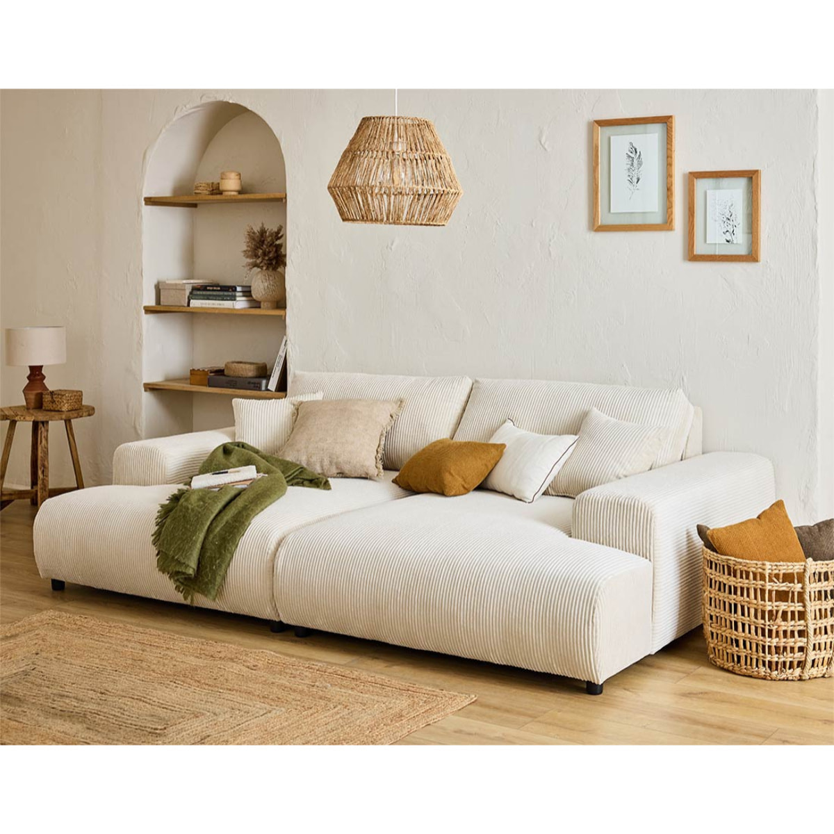 Garance - canapé droit 4 places double méridienne - assise profonde - en velours côtelé - Beige
