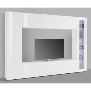 Parete attrezzata da soggiorno, Made in Italy, Base porta TV e pensili e scaffali, Set salotto moderno, cm 260x30h180, colore Bianco lucido, con luce LED blu ed una vetrina