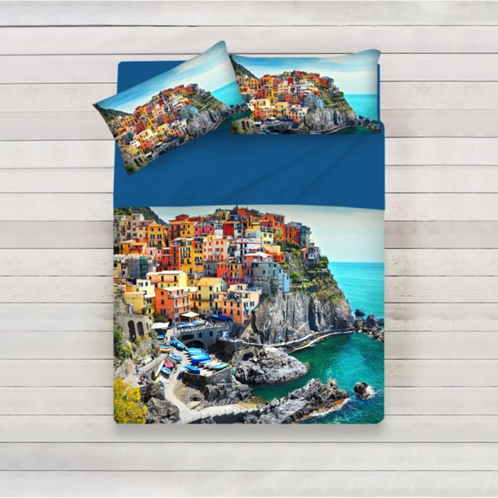 INTRECCI Set Lenzuola Matrimoniali in Cotone, Stampa Alta Qualità, Lenzuolo Sotto + Lenzuolo Sopra + 2 Federe, Comfort, Morbidezza, per Pelli Sensibili, non Stringe in Lavatrice.Fantasia: Cinque Terre