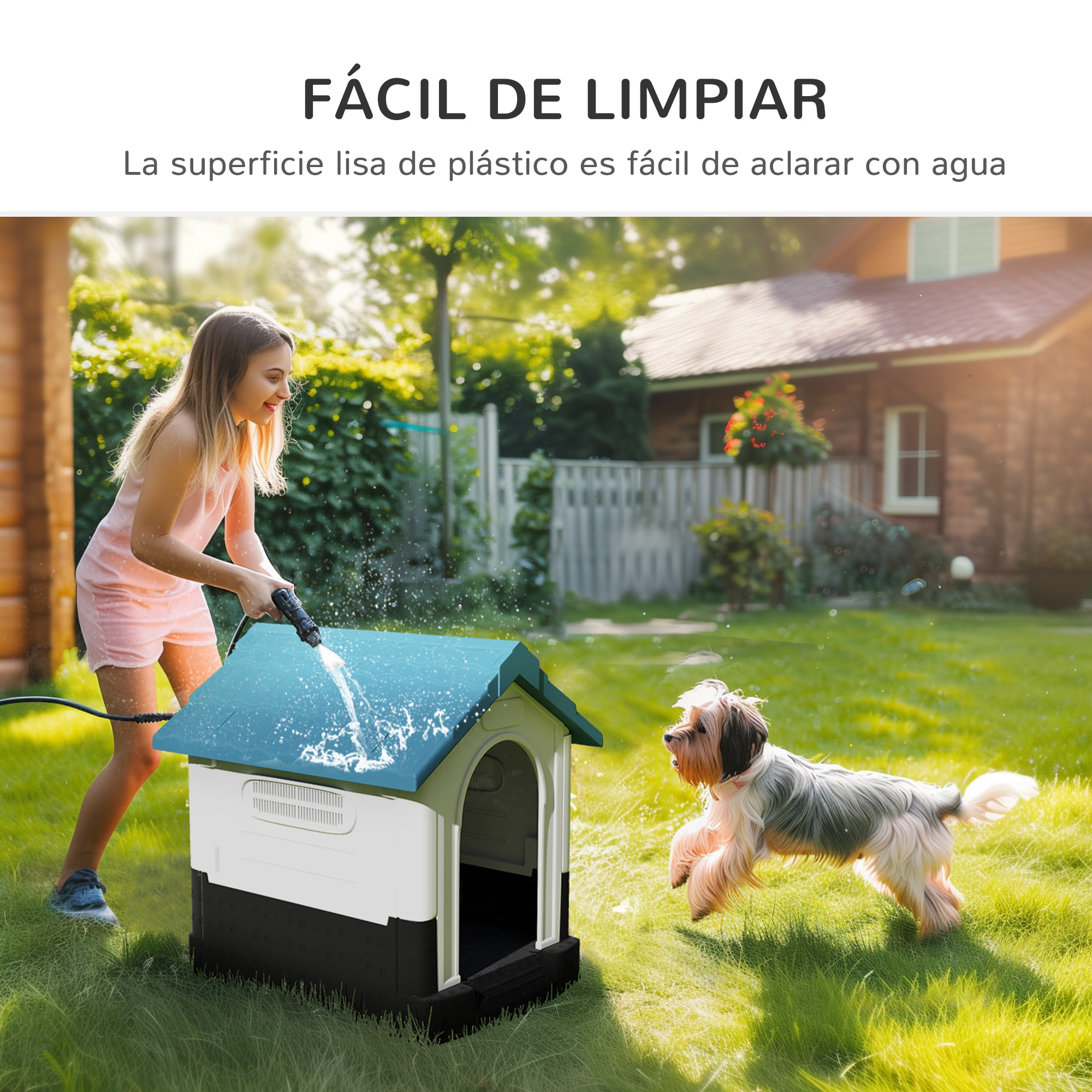 Caseta para Perros Mini para Exterior, Casa para Perros de Plástico con 3 Ventanas, Base Elevada, Techo de Tejas de Imitación, 64,5x57x66 cm, Azul