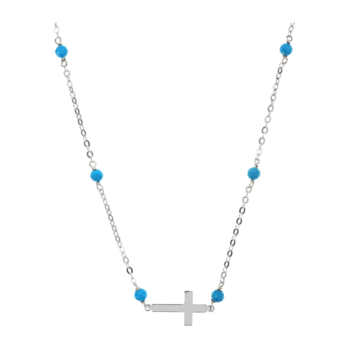 Collana Catena Rolo con Howlite Turchese e Pendente Croce Argentato in Argento 925 placcato Rodio