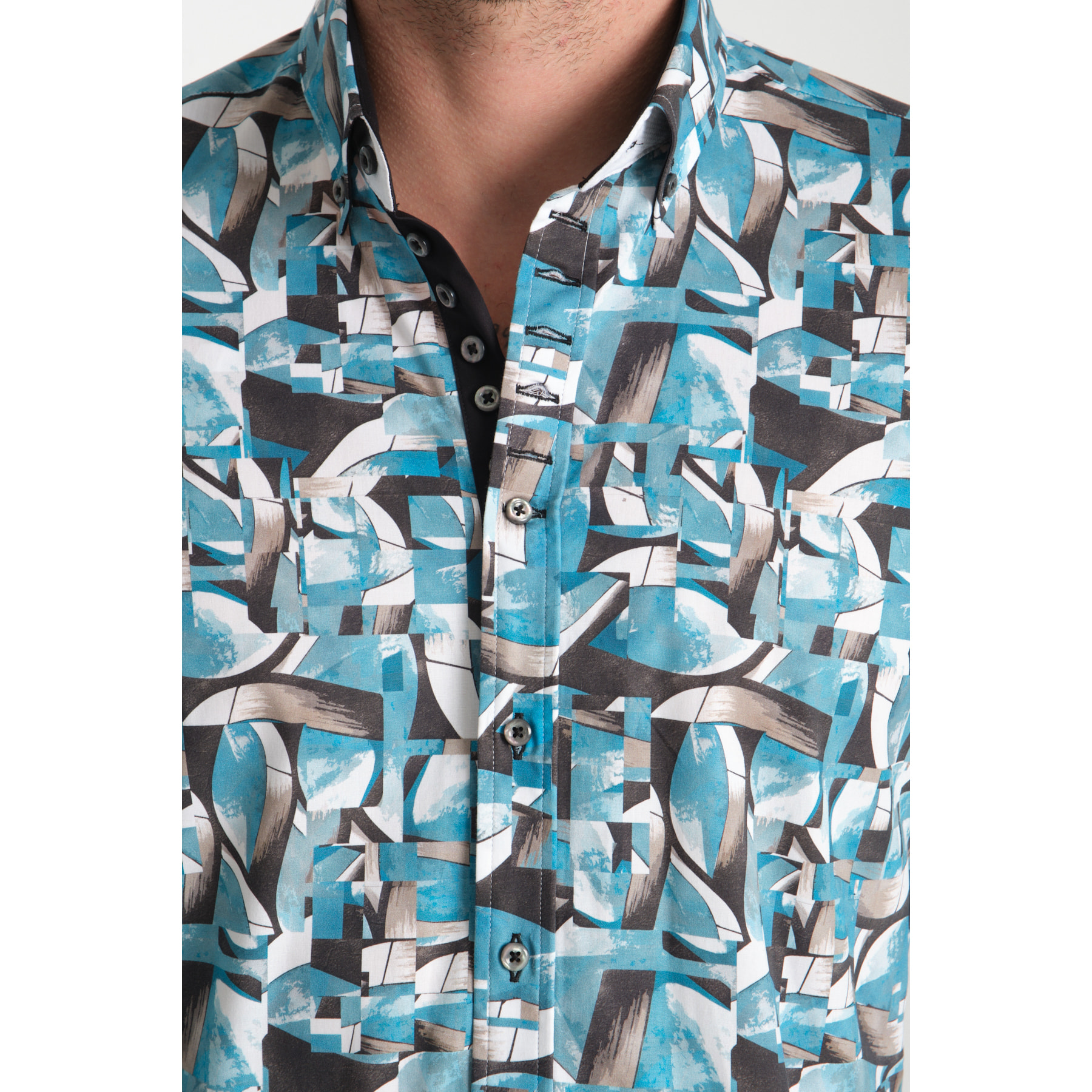 Camicia Uomo 1 Bottoni Button Down Slim Popeline Stretch Stampato Verde Ottanio/Bianco