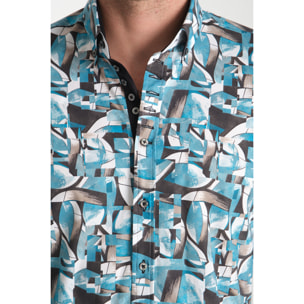 Camicia Uomo 1 Bottoni Button Down Slim Popeline Stretch Stampato Verde Ottanio/Bianco