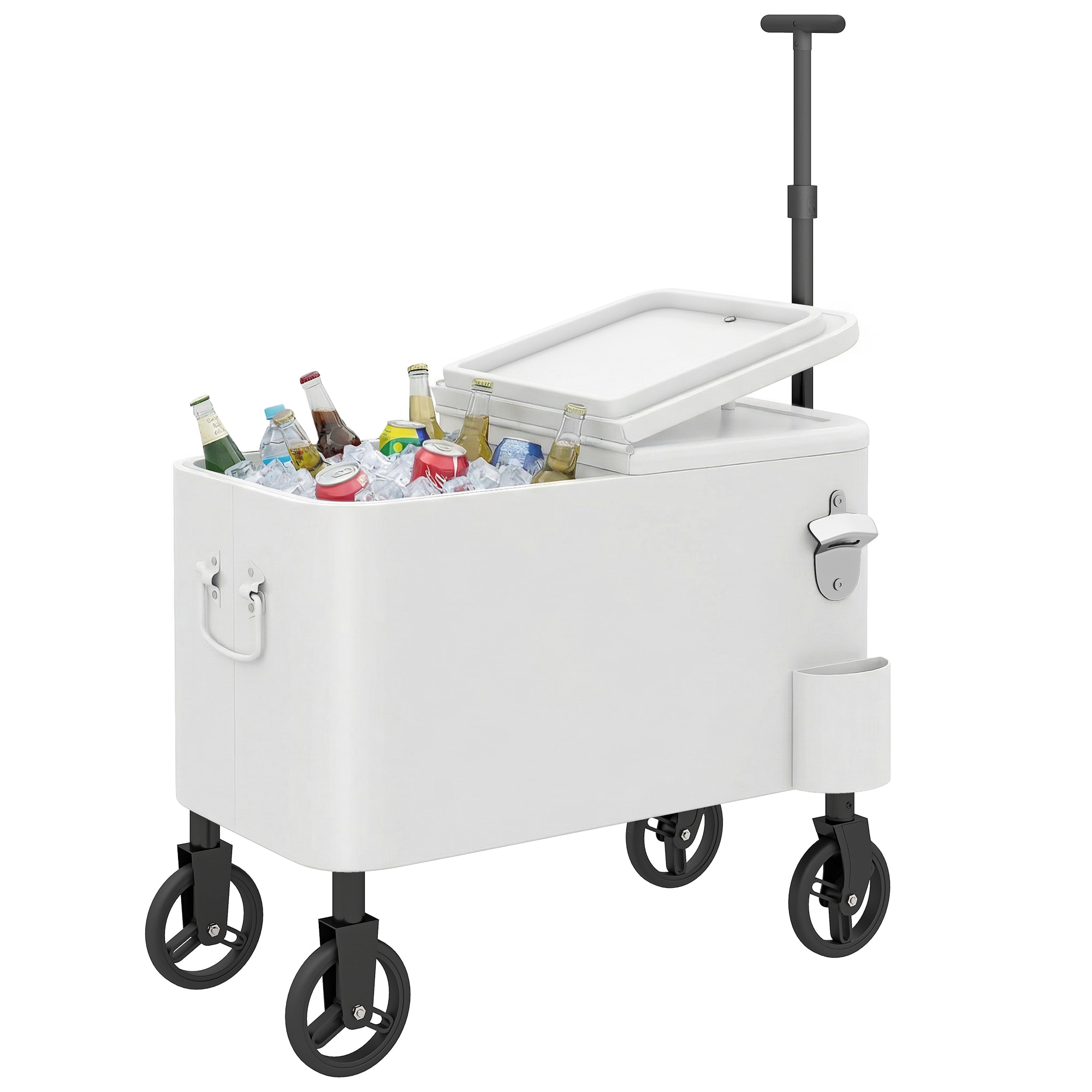 Carrito Nevera de 56L con Ruedas, Carro de Bebidas con Mango Ajustable, Abrebotellas, Recogetapas, Drenaje y Asa, Mesa Nevera Jardín Exterior para Patio, Fiesta, BBQ, 75x35x120 cm, Blanco