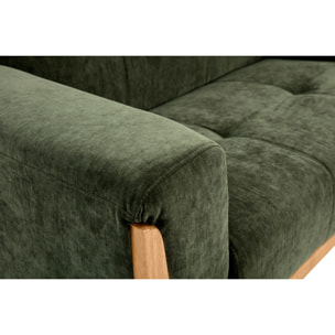 Canapé scandinave 2 places en tissu effet velours vert kaki et bois clair FJORD
