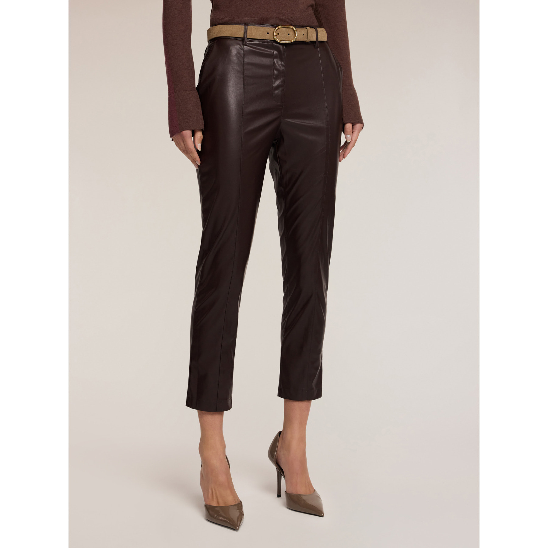 Motivi - Pantaloni slim fit in tessuto spalmato - Marrone