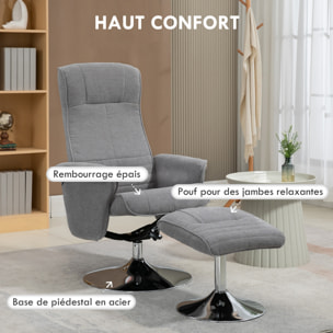 Fauteuil relax style contemporain - pivotant, dossier inclinable, repose-pied - piètement acier chromé tissu gris