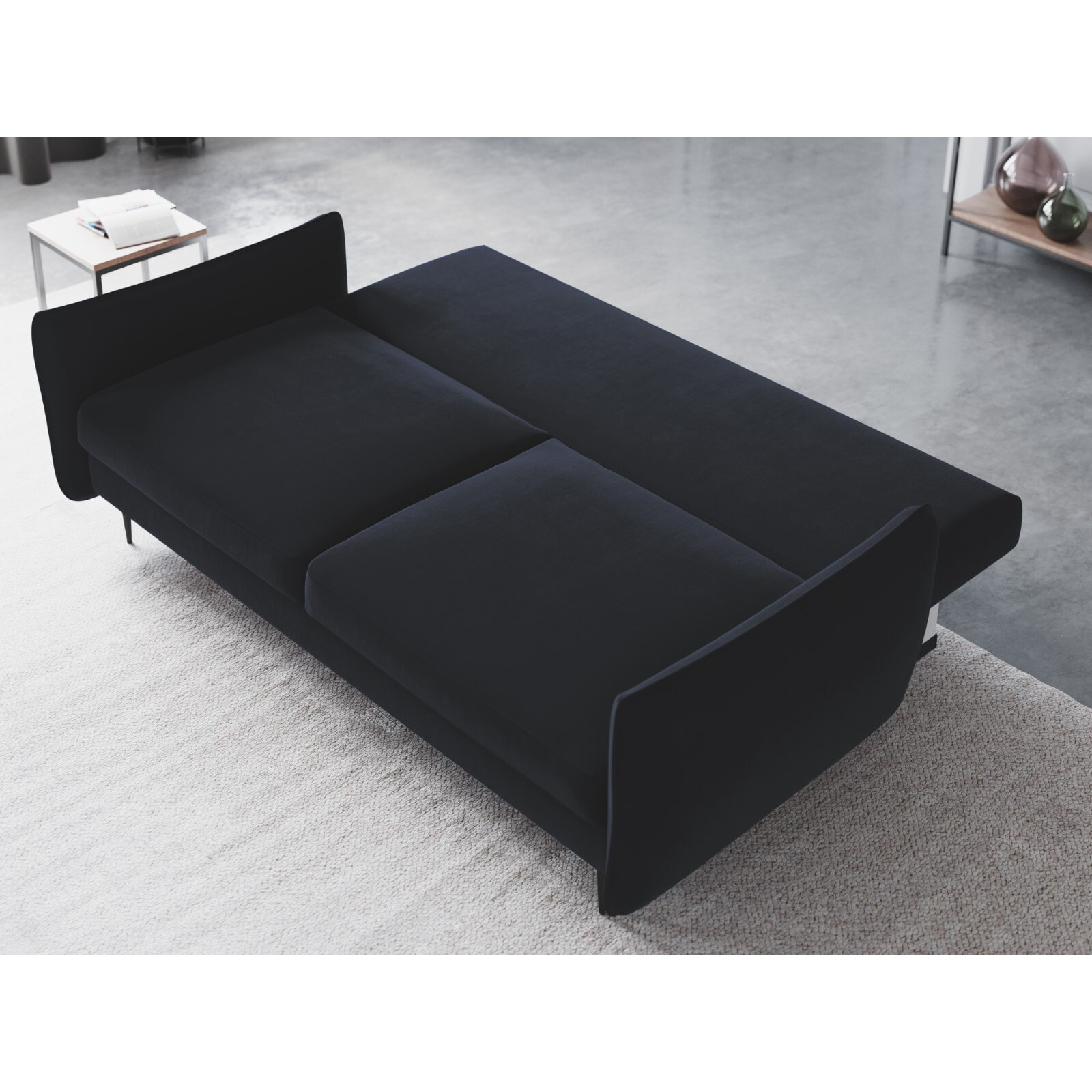 Canapé convertible avec coffre de rangement "Vermont" 3 places en velours bleu foncé