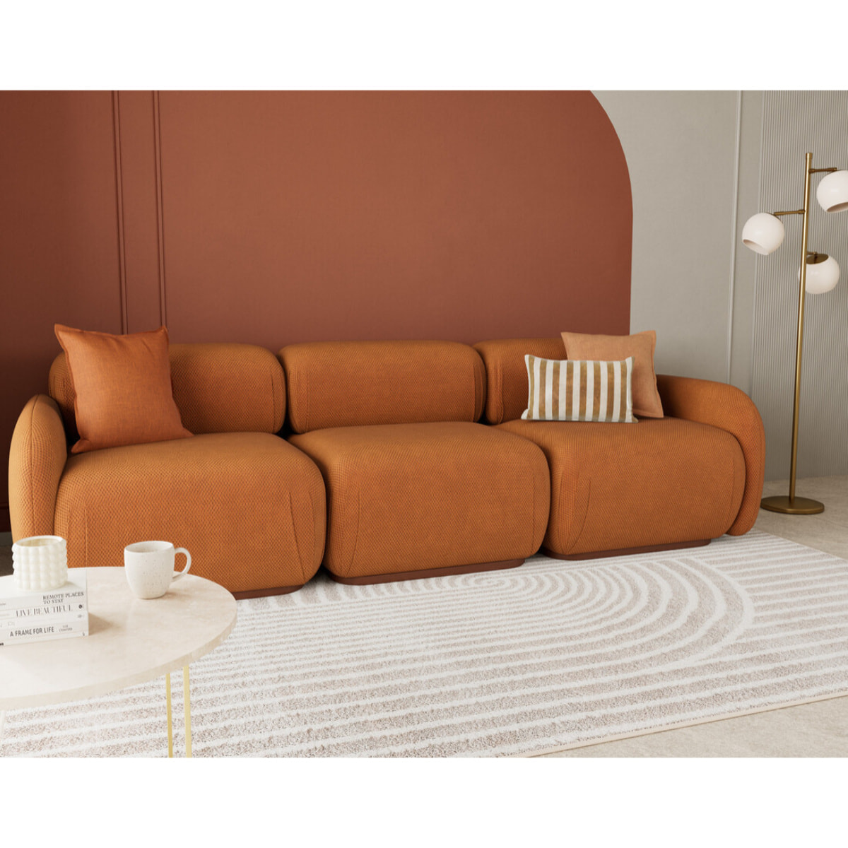 Penelope - canapé droit modulable 3 places en velours texturé - Terracotta