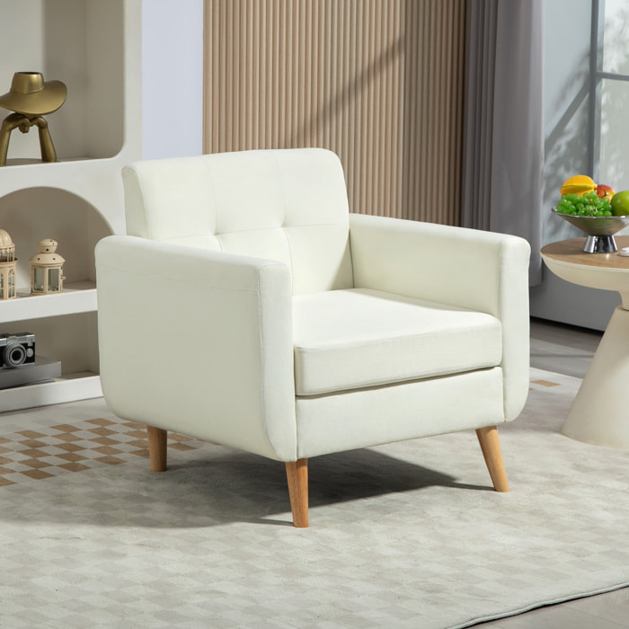 Sillón de Salón Moderno Butaca para Dormitorio con Reposabrazos y Patas de Madera Sofá Individual Carga 125 kg para Oficina Sala de Estar Crema