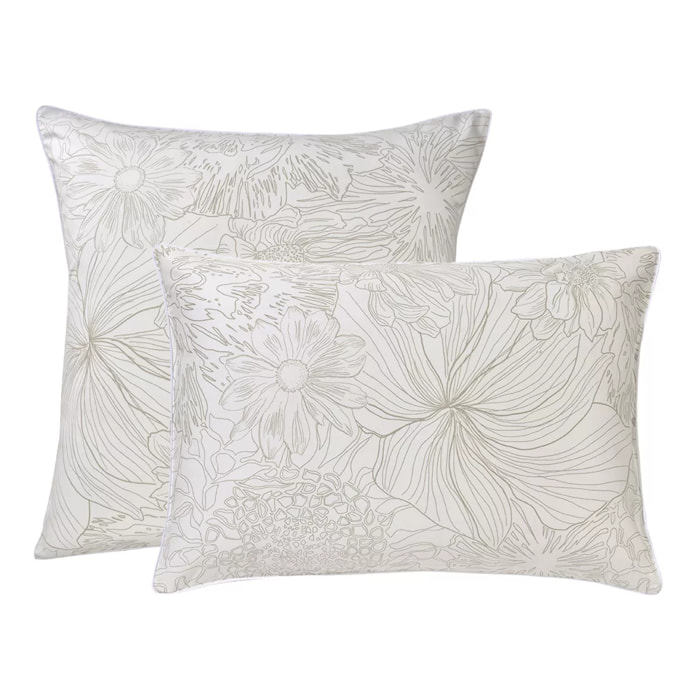 Taie d'oreiller satin de coton imprimé blanc beige Flower power white