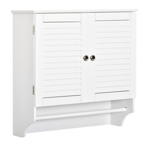 Armoire haute murale salle de bain ou WC - placard 2 portes persiennes avec étagère - porte-serviette - MDF blanc