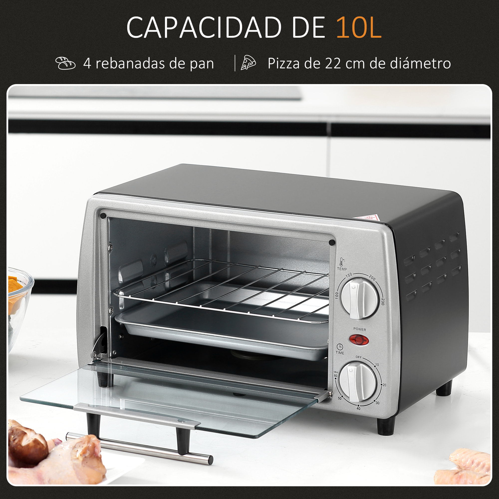 Horno Eléctrico Sobremesa 10 Litros 750W Horno Eléctrico Pequeño con Temperatura hasta 230 „ƒ Temporizador 60 Minutos Bandeja y Rejilla 36,5x26x22 cm Plata