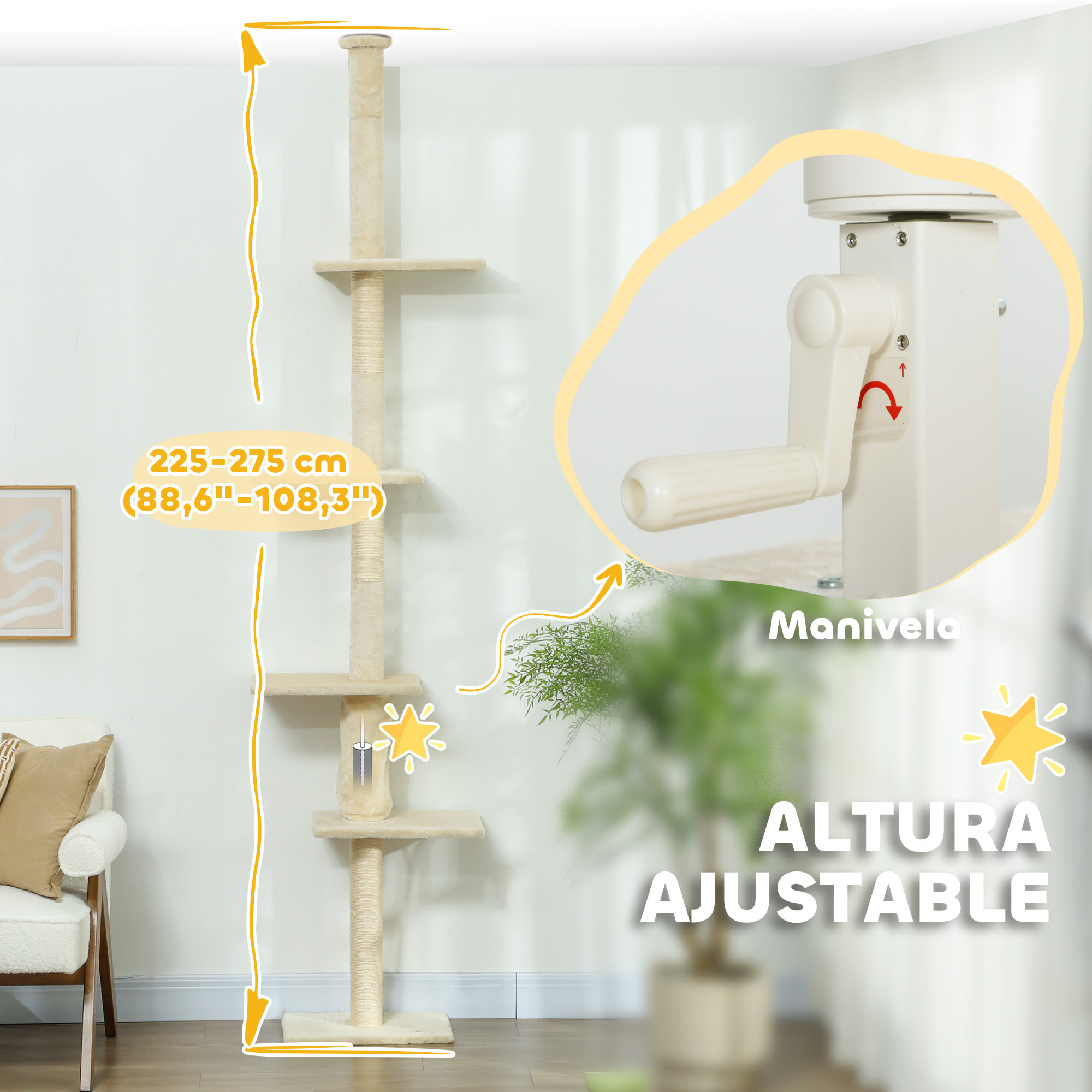 Árbol para Gatos de Suelo a Techo 225-275 cm Árbol Rascador para Gatos Torre para Gatos con Múltiples Plataformas Sistema de Antivuelco Crema