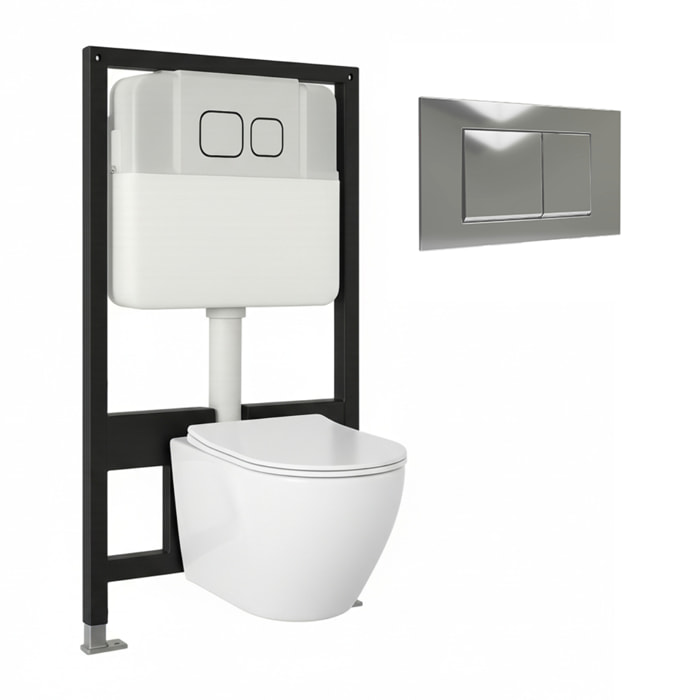 Pack Wc Suspendido + Bastidor | Inodoro Blanco Brillo | Pulsador Cromado | Cisterna Empotrada | Tapa Amortiguada + Sistema Rimless | Alday