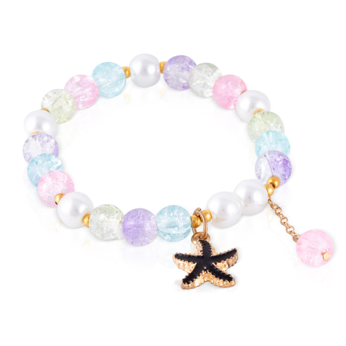 Set de 6 pulseras elásticas con cuentas de cristal y diseños multicolor, rosa, negro, azul, multicolor y verde.