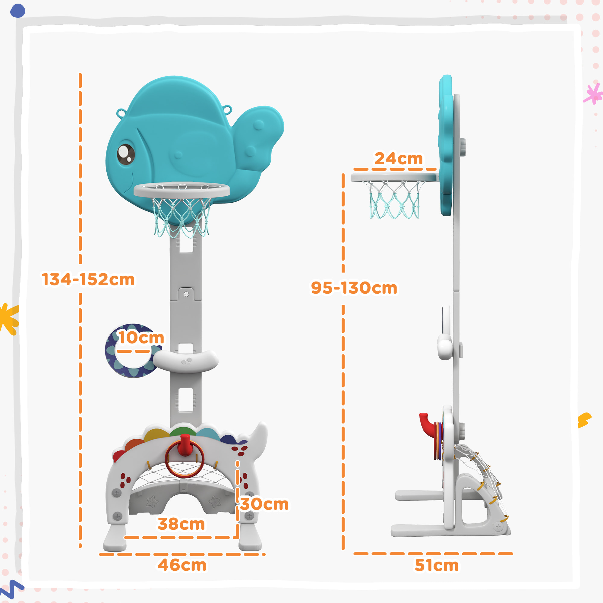 Canasta de Baloncesto Infantil 5 en 1 Canasta de Baloncesto para Niños Altura Ajustable con Temática de Pez Dorado Fútbol ​​Golf Anilla Juego de Lanzamiento de Pelota para Interior Multicolor