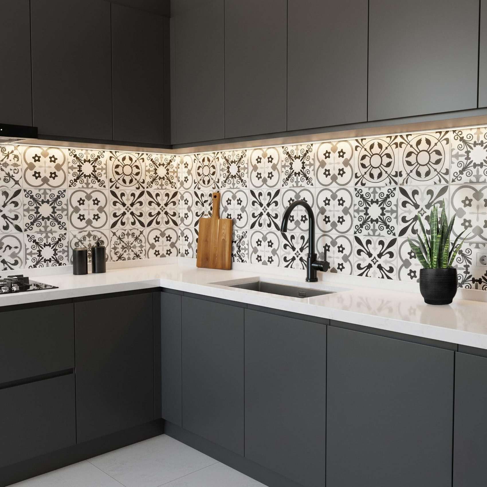 Crédence adhésive murale 3D motifs carreaux de ciment 4 pièces - Blanc