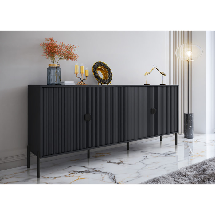 Madia Moderna Credenza In Melaminico Opaco Con 4 Ante E Piedini Alti Mobile Contenitore Design Soggiorno Salotto Sala Pranzo 203 x 49 x 87 Cm Nero