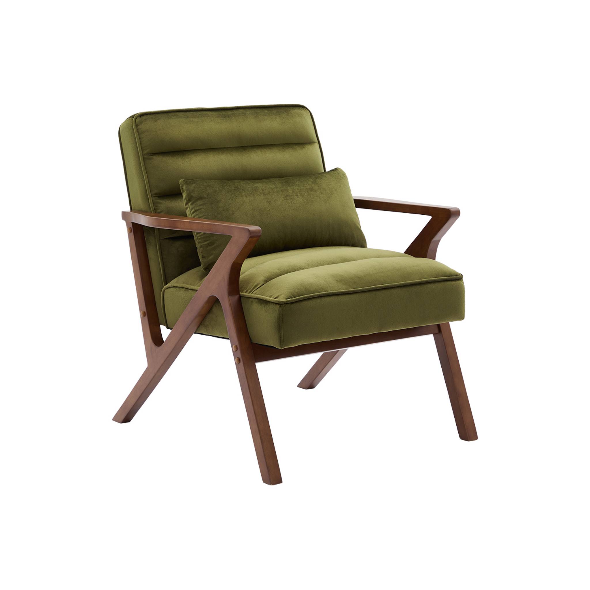Fauteuil scandinave bois d'hévéa et velours kaki