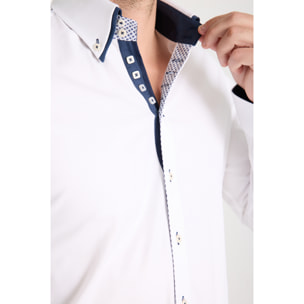 Camicia Uomo 2 Bottoni Button Down 7bottoni Doppio Coll Jacquard Fantasia Bianco e Bianco