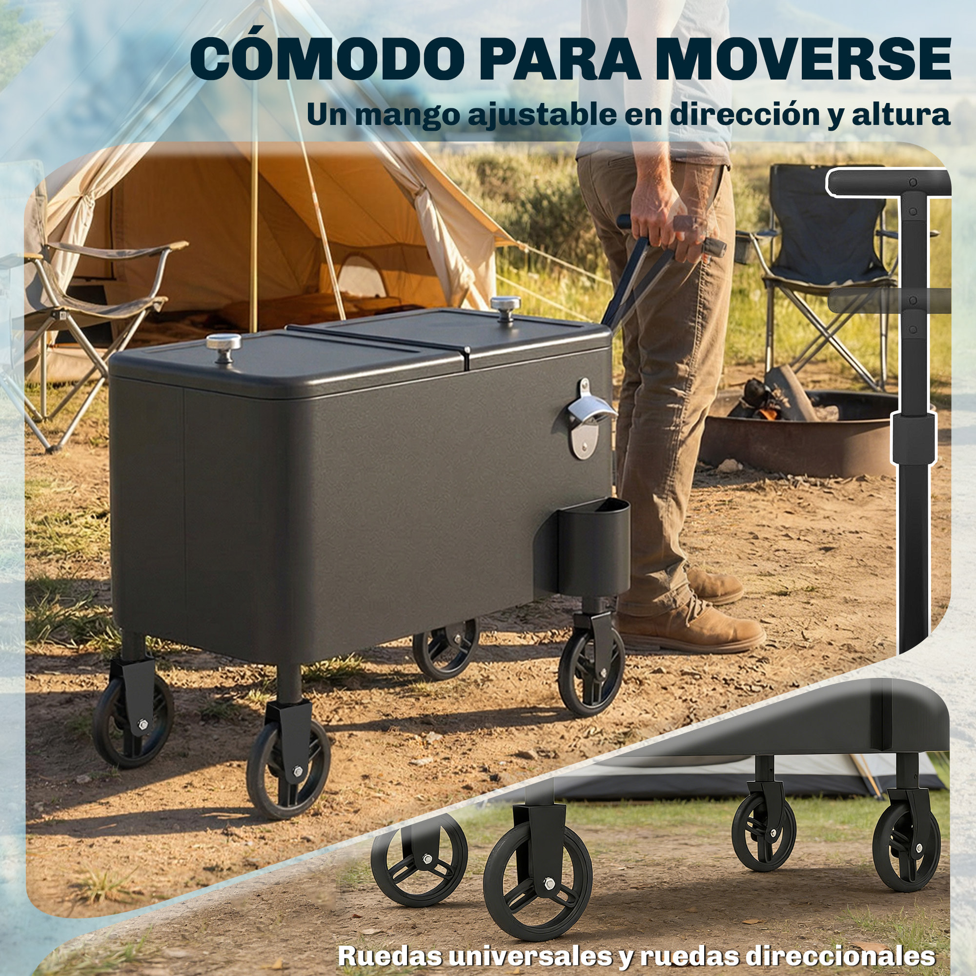 Carrito Nevera de 56L con Ruedas, Carro de Bebidas con Mango Ajustable, Abrebotellas, Recogetapas, Drenaje y Asa, Mesa Nevera Jardín Exterior para Patio, Fiesta, BBQ, 75x35x120 cm, Negro