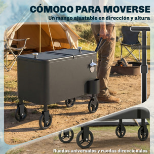 Carrito Nevera de 56L con Ruedas, Carro de Bebidas con Mango Ajustable, Abrebotellas, Recogetapas, Drenaje y Asa, Mesa Nevera Jardín Exterior para Patio, Fiesta, BBQ, 75x35x120 cm, Negro