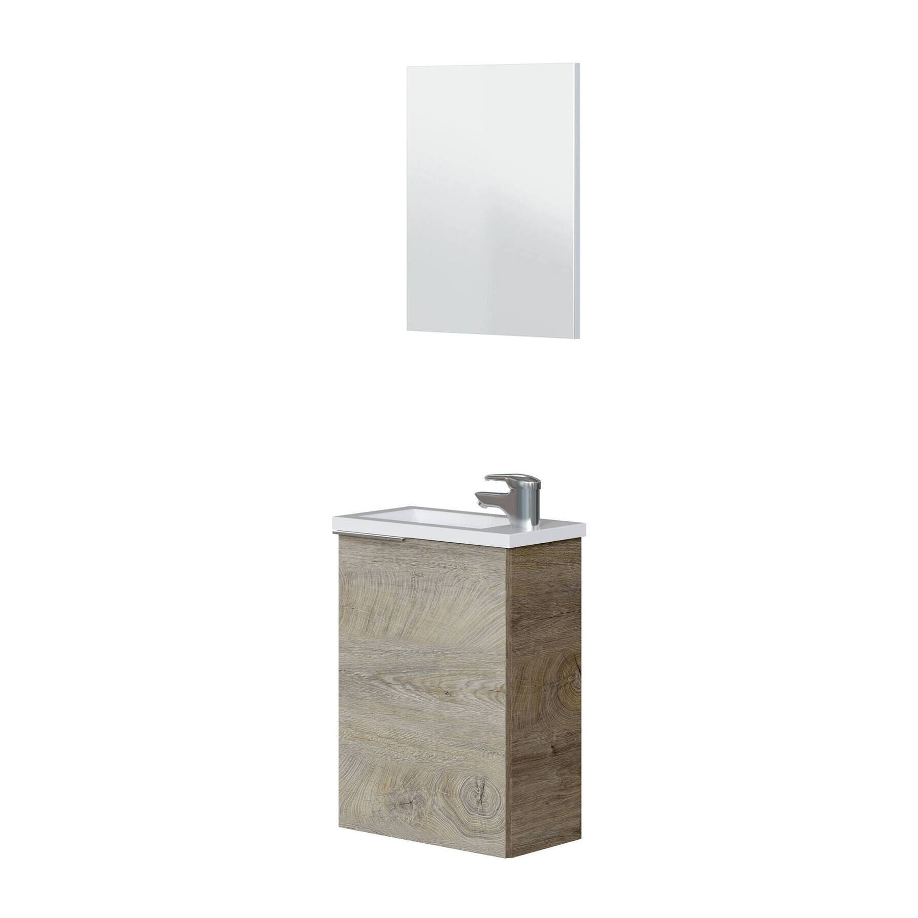 Mobile sottolavabo Akamaru, Mobiletto per bagno sospeso, Armadio a 1 anta con specchio e lavabo, 40x22h58 cm, Rovere