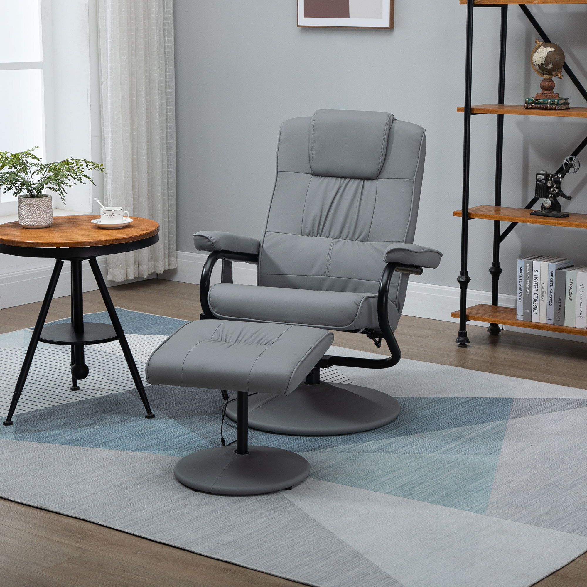 Sillón de Masaje Eléctrico con Reposapiés Sillón Relax Giratorio Reclinable hasta 145° con Control Remoto y 10 Puntos de Masaje Tapizado en PU Gris