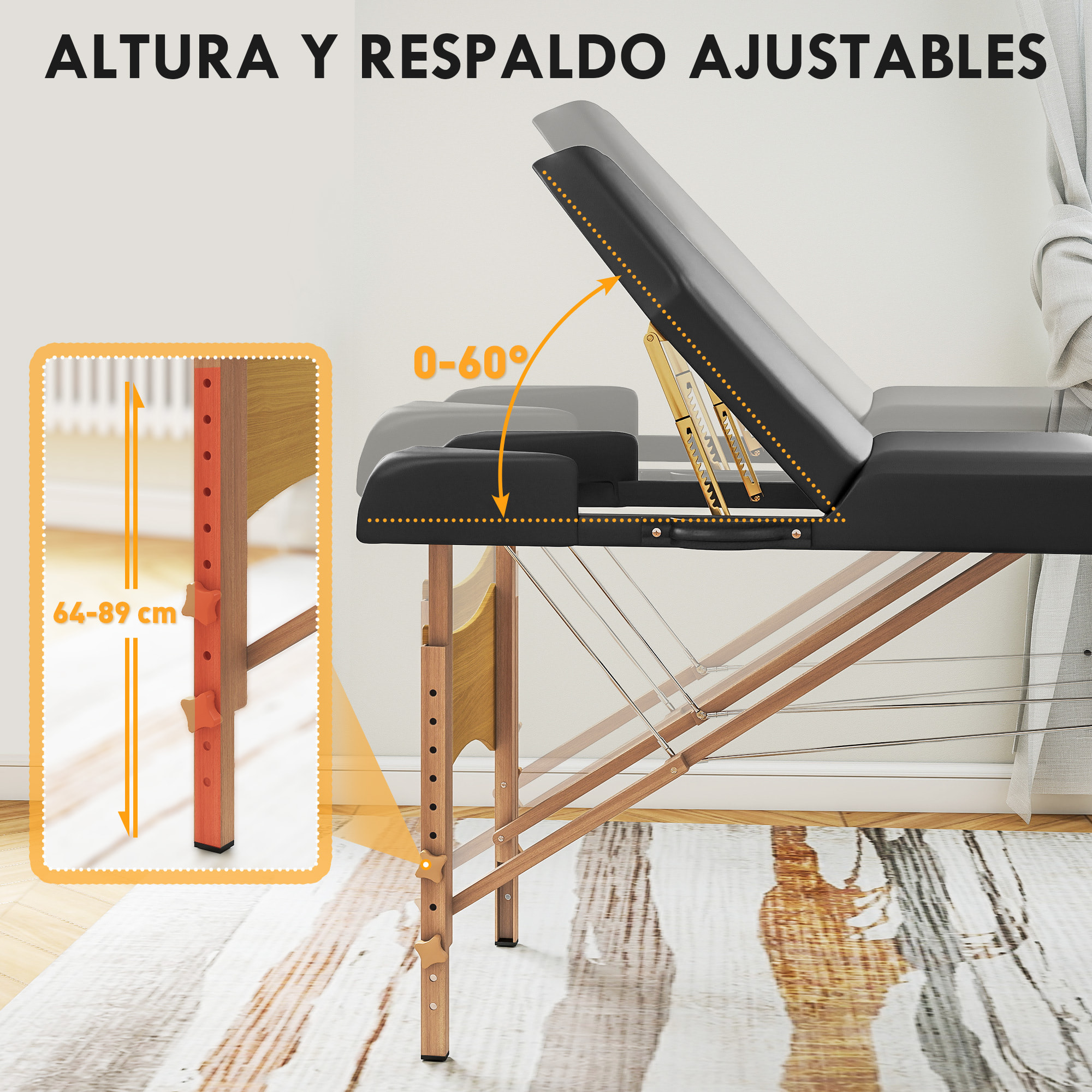 Camilla Masaje Plegable Portátil Camilla Estética Profesional de Madera de 3 Zonas con Altura Ajustable Reposacabezas Reposabrazos Acolchados para Spa Pestañas Tatuajes 215x60x64-89 cm Negro