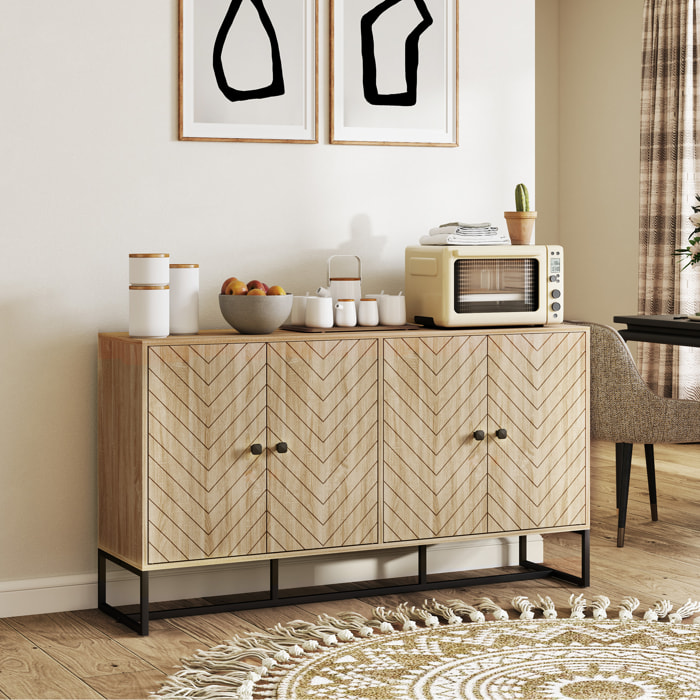 Aparador de 4 Puertas con Diseño Chevron, Aparador de Salón con Estantes Ajustables, Patas de Acero, para Cocina, Entrada, Dormitorio, Roble, 140,5x40x81,5 cm