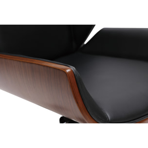 Chaise de bureau à roulettes design noir, bois foncé noyer et acier chromé CURVED