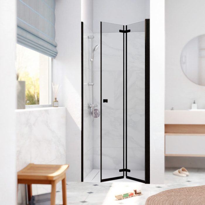 SK Porte de douche 80x196cm pliante anticalcaire avec profilé noir mat (SATSK80NIKAC)