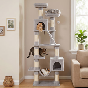 Árbol Rascador para Gatos 204 cm, Torre para Gatos Multinivel con 2 Cuevas, 2 Camas, Hamaca, Postes de Sisal, Escalera, 2 Bolas Colgantes, Tela de Felpa, para 1-3, Gris Claro