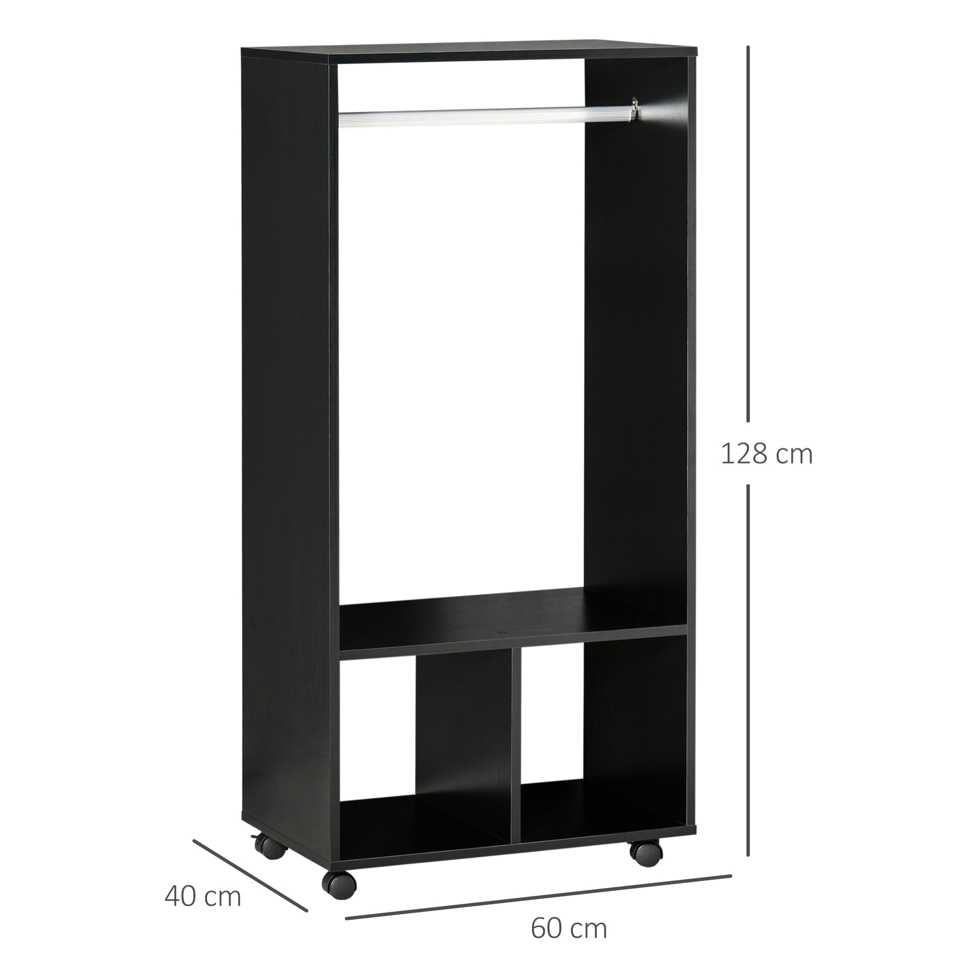 Armario Ropero con Ruedas Armario para Ropa con Barra Estantes Abiertos Organizador para Colgar Ropa de Dormitorio 60x40x128 cm Negro