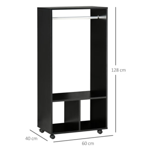 Armario Ropero con Ruedas Armario para Ropa con Barra Estantes Abiertos Organizador para Colgar Ropa de Dormitorio 60x40x128 cm Negro