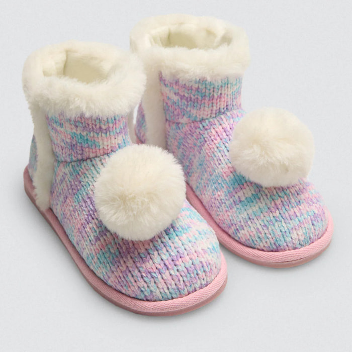 Pantofole per bambini con dettagli in pelliccia e pompon