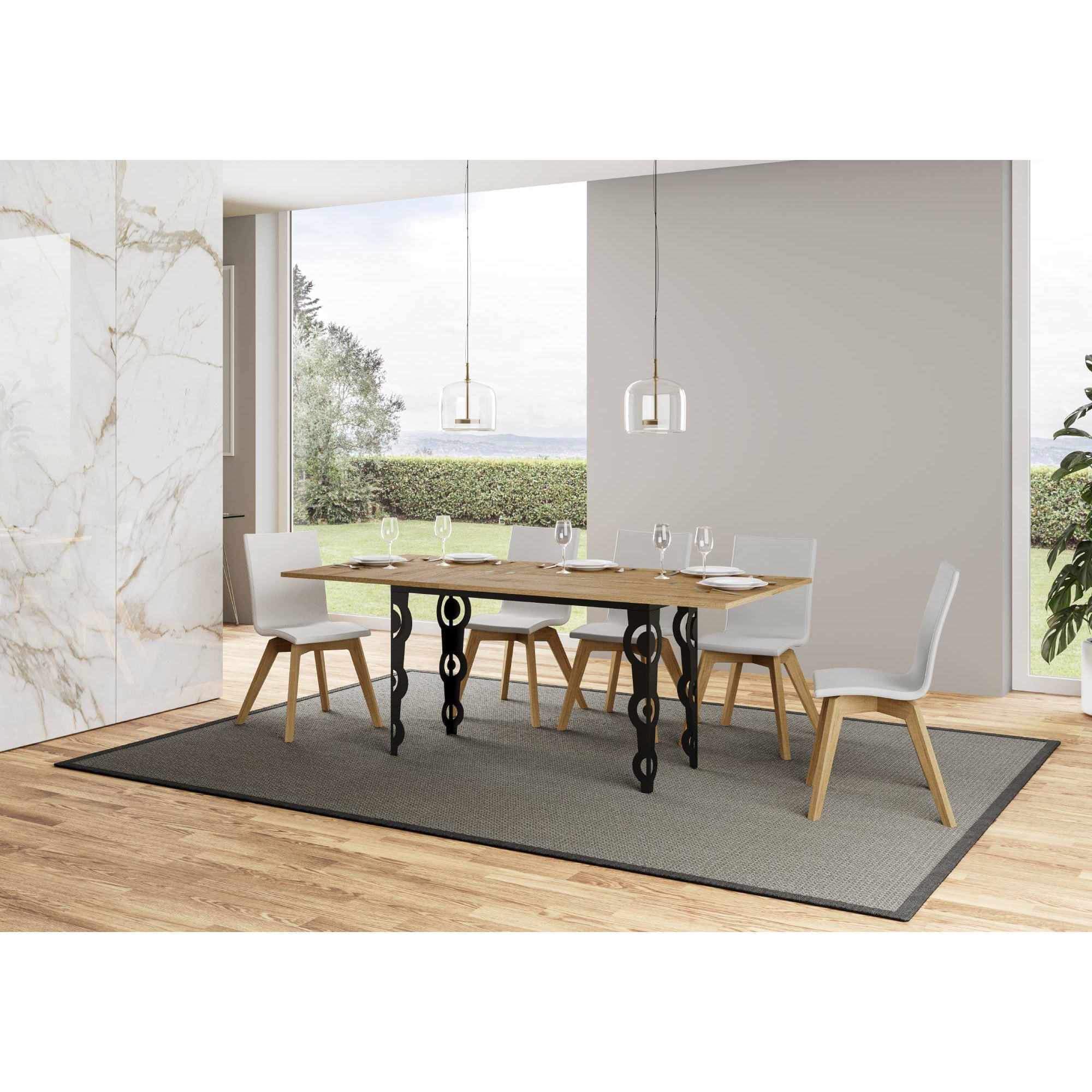 Table Karamay Double Chêne Nature 120x45 ouverte/Allongée 120x90/200x90 pieds/cadre Anthracite