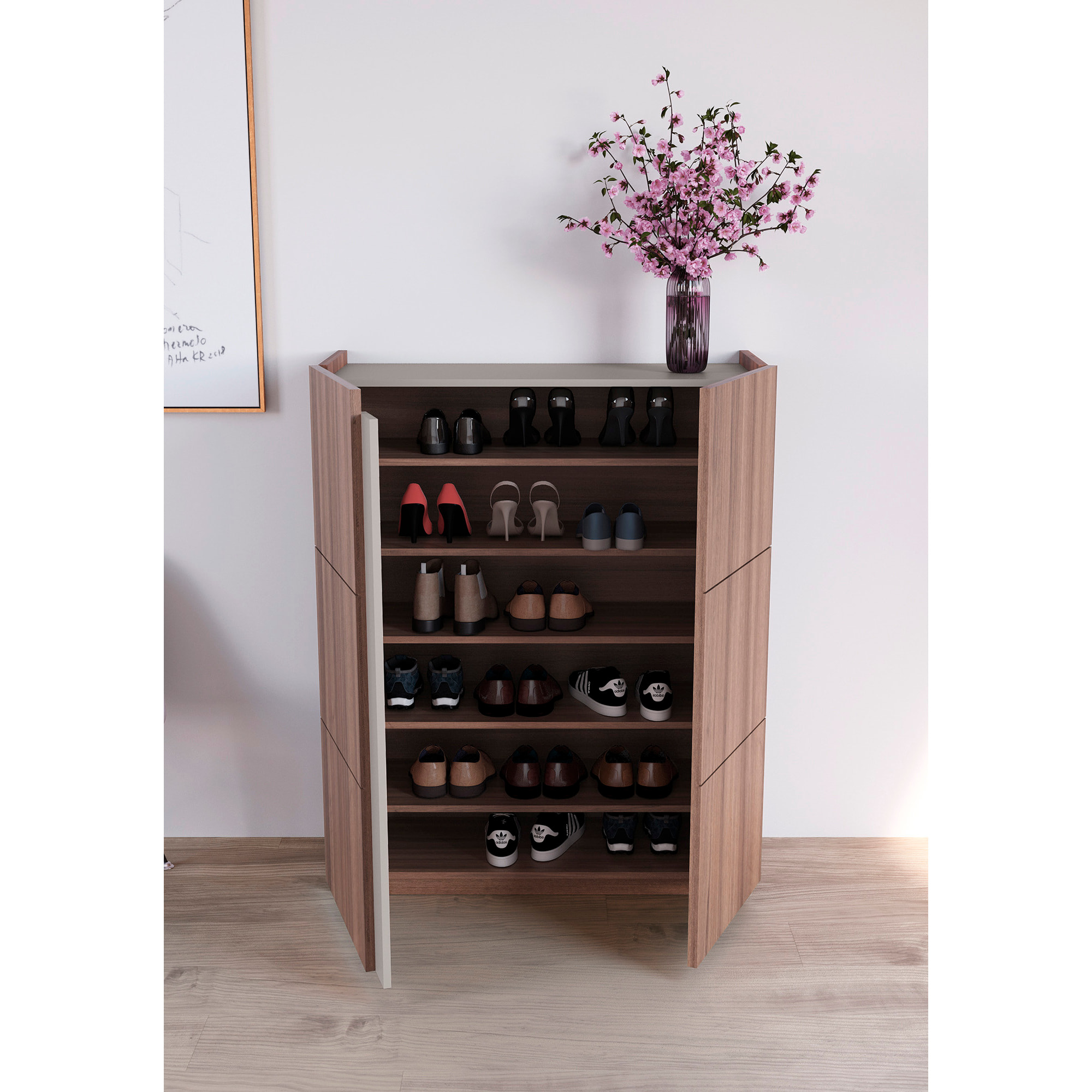 Zapatero Hessa melamina nogal detalle arena 122x95x35 cm