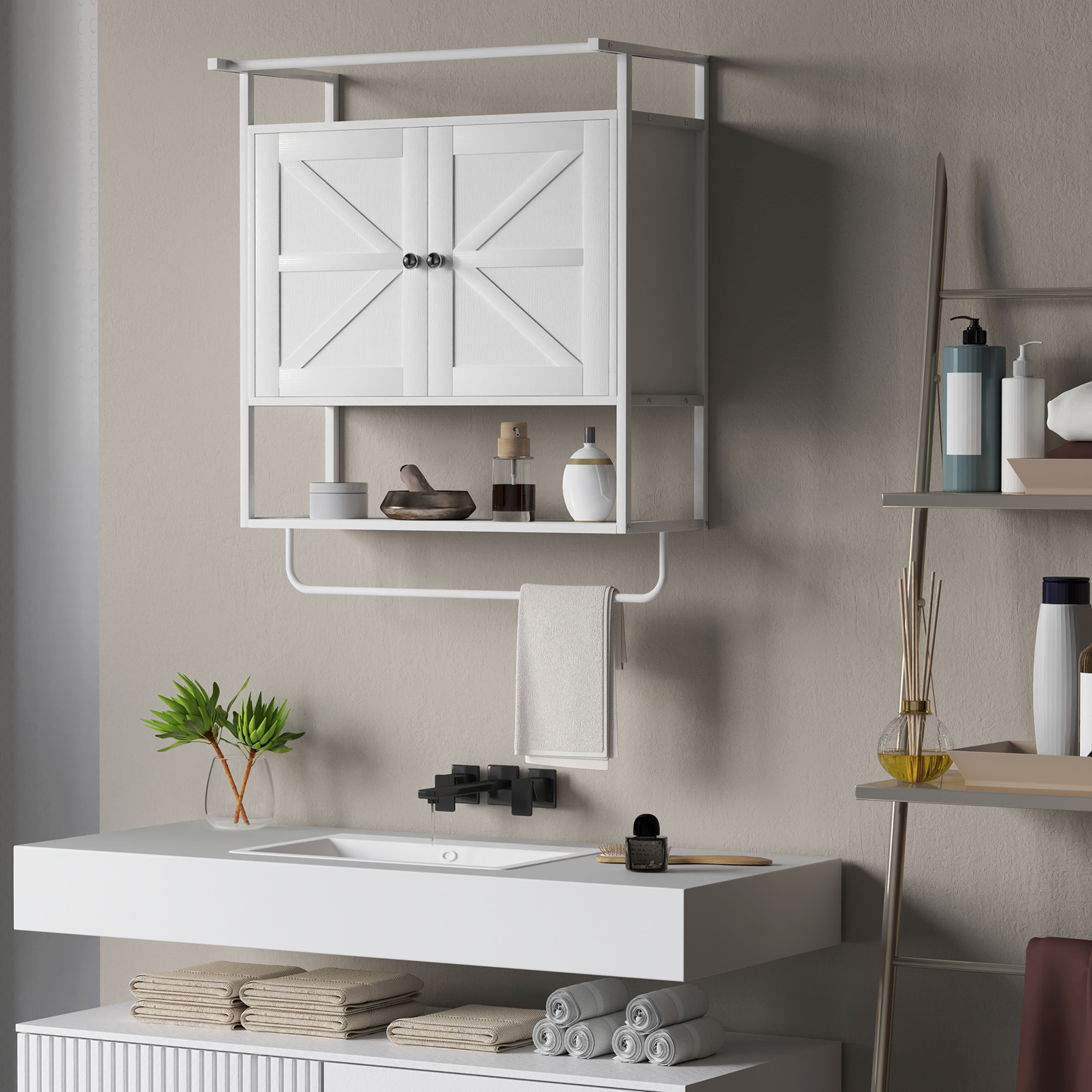 Armario de Pared para Baño Multiusos Mueble de Baño Suspendido Armario Colgante de Almacenamiento con 2 Puertas Estante Toallero 63x34x75 cm Blanco