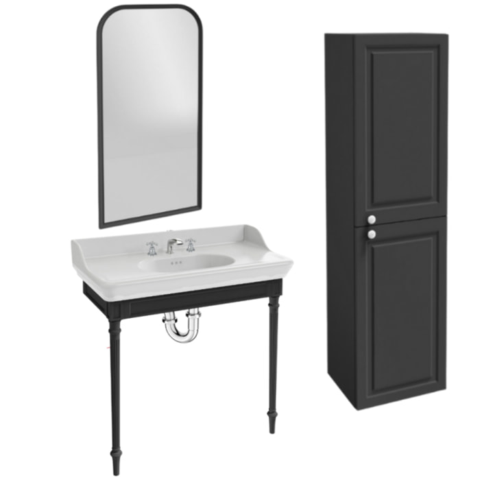 Console Cléo 1889 avec plan vasque 3 trous + colonne droite + miroir + mélangeur croisillon lavabo chromé + siphon